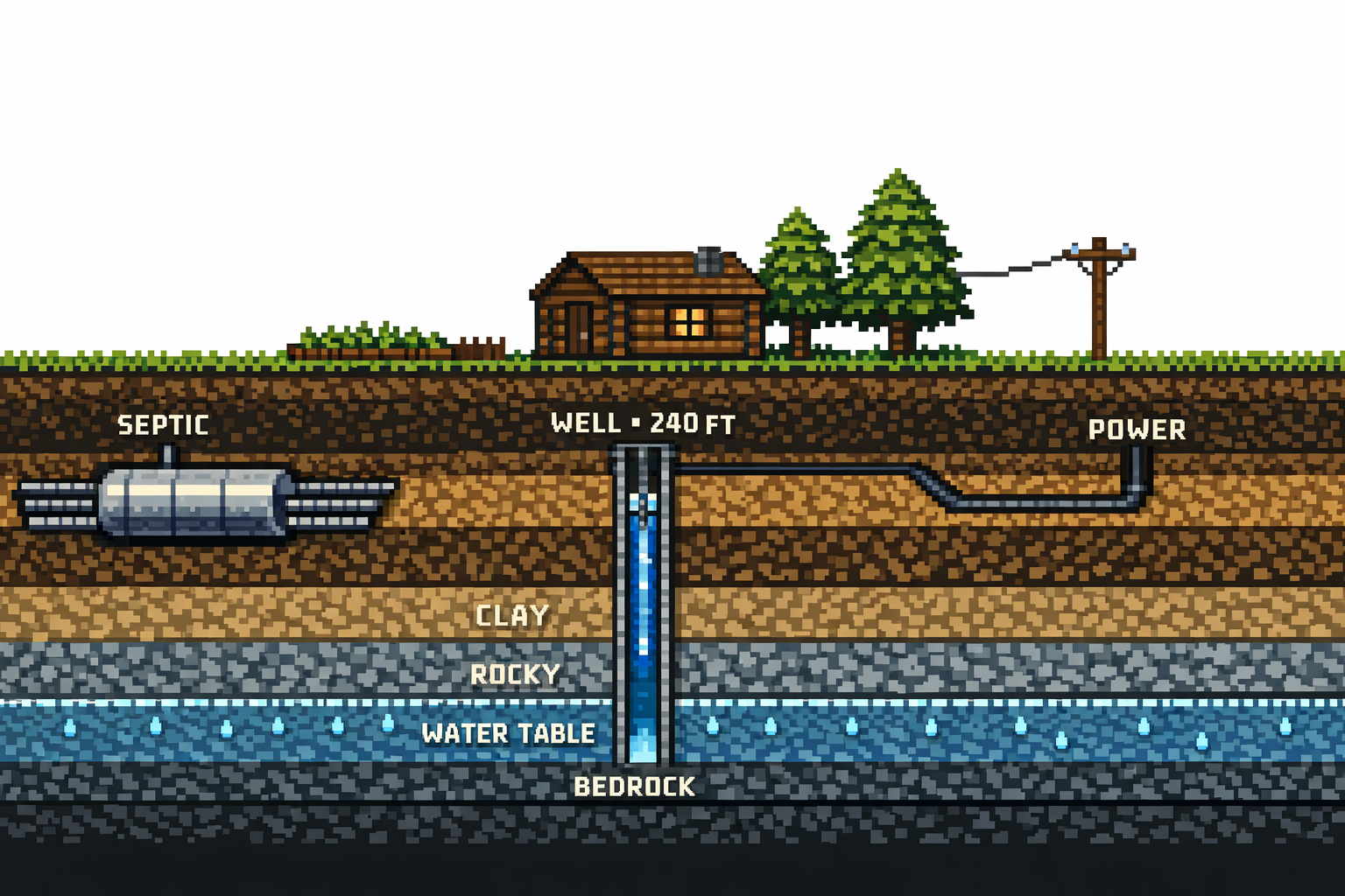 Cutaway diagram of septic, well, and power infrastructure under a homesite