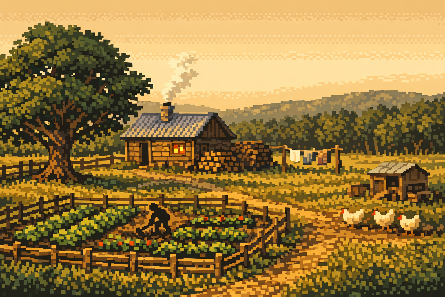 Working homestead at golden hour with cabin, garden, and chickens