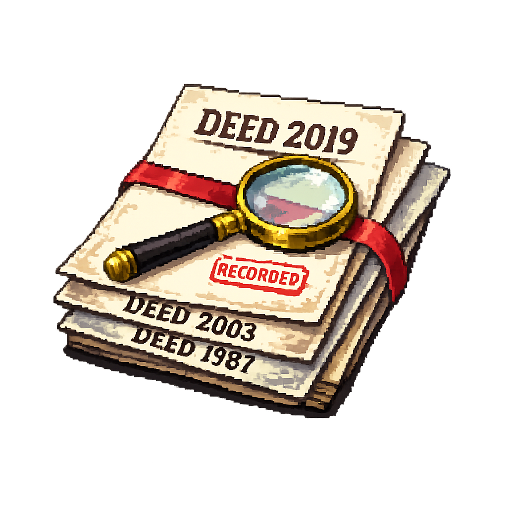 Stack of legal land deeds with magnifying glass